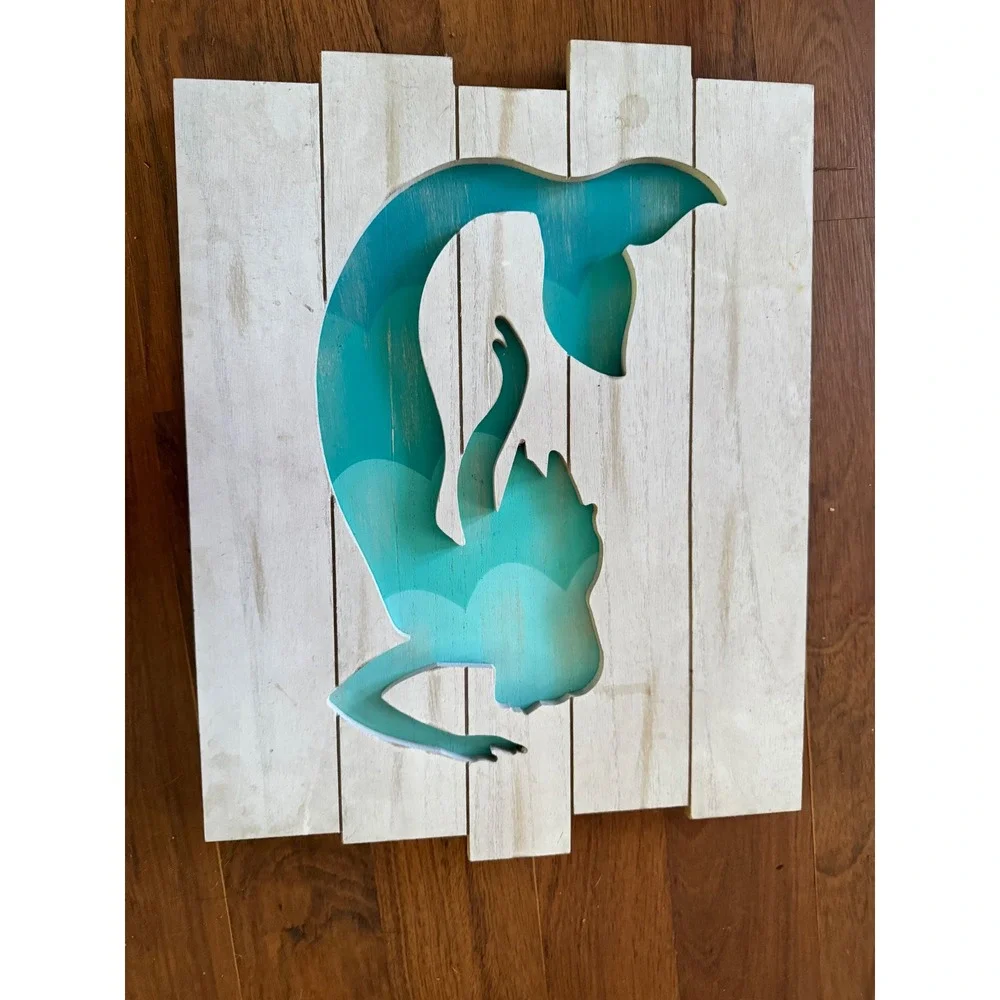 Coastal Wood‎ Plank Mermaid Wall Art Cutout Teal Ombre Beach Decor 20x16